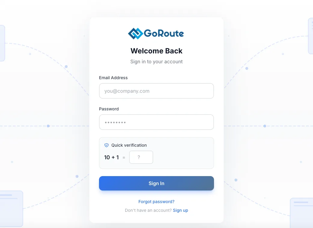 The GoRoute sign-in page opened by step two of the set-up, with email address and password fields, a quick verification sum and a sign-up link for merchants without an account